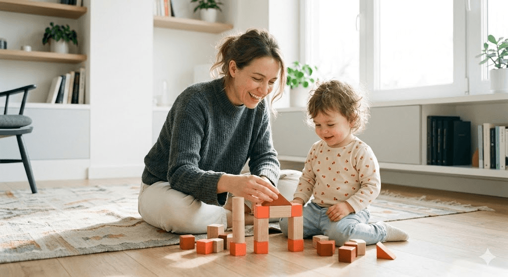 Toddler playing with wooden toys